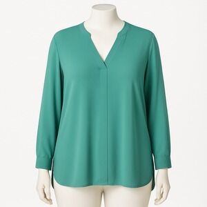 Eileen Fisher 100% Silk Top Blouse Long Sleeve V Neck Teal Blue L Coquette Clean